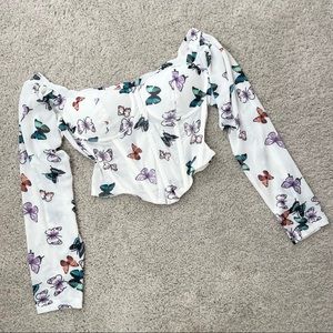 Off Shoulder Butterfly Print Crop Top (White Multi)